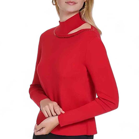 Calvin Klein Sequin Trim Cutout Sweater in Rouge Red Long Sleeve Pullover Size M - Picture 3 of 11